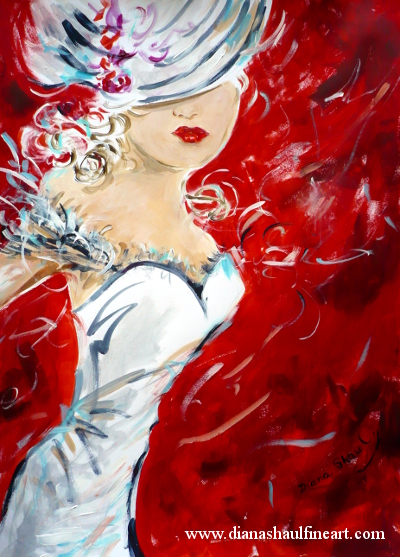 A young woman, hat obscuring her eyes, pouts, her red lips matching the backdrop against which she poses. Original painting.