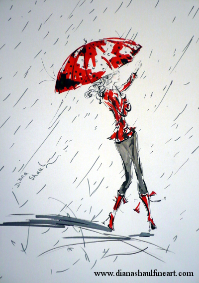 Red and monochrome drawing: a woman hails a taxi in the rain.