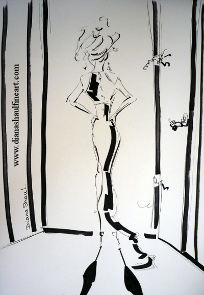 A woman stands before a door with broken hinges, hands on her hips.