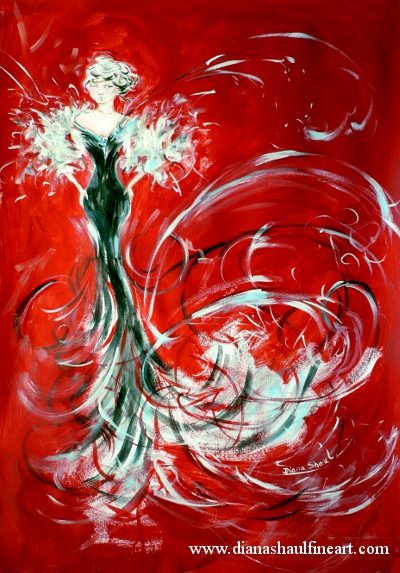 Painting of a woman in a feather-embellished gown with a red background.