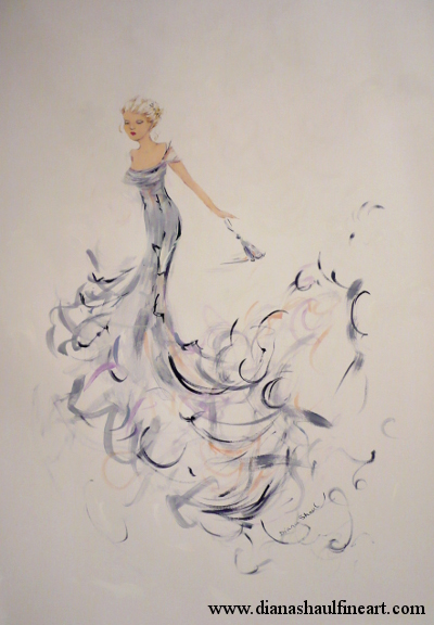 Painting of a woman in a grey semi-abstract gown leaving a party.