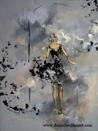 Original semi-abstract painting of a woman in a black cocktail dress answering the door.
