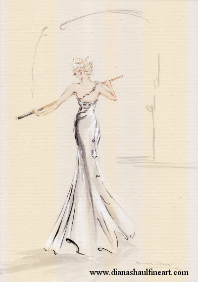 Original painting in neutral tones of a woman in a floor-length gown holding a pool cue.