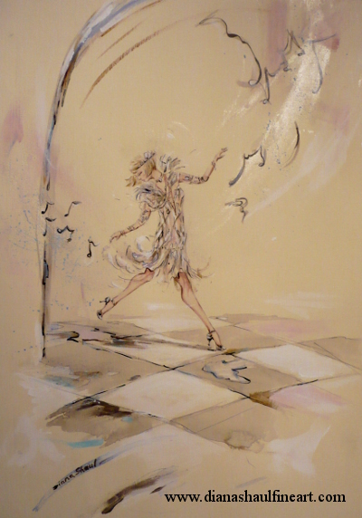Surrounded musical notes, a flapper girl makes an entrance. Original painting.