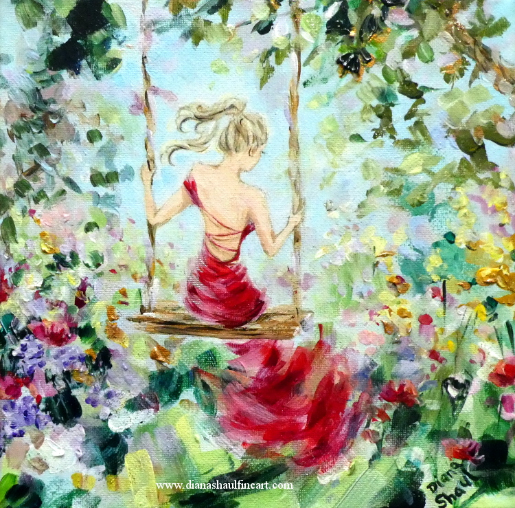 A young woman wearing a long red evening gown sits on a swing in a flower-filled summer garden. Original painting.