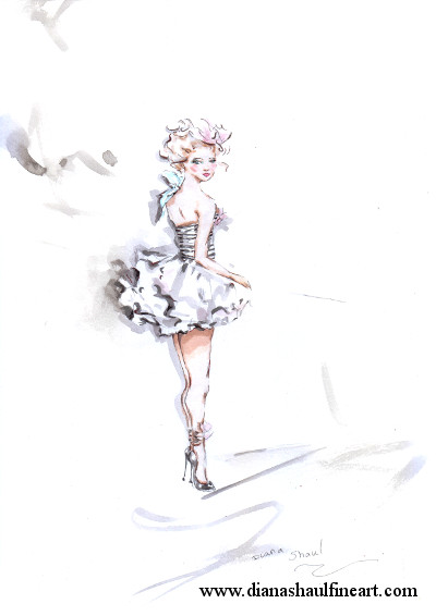 Original painting of a young woman wearing a tutu-style short dress, her head turned towards the viewer.