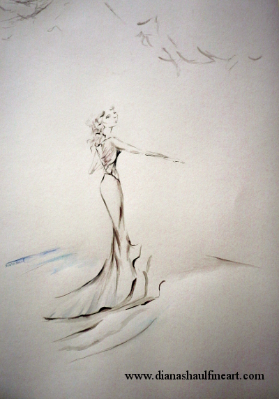 A woman reaches for an outstretched hand. Original ink and pencil drawing.