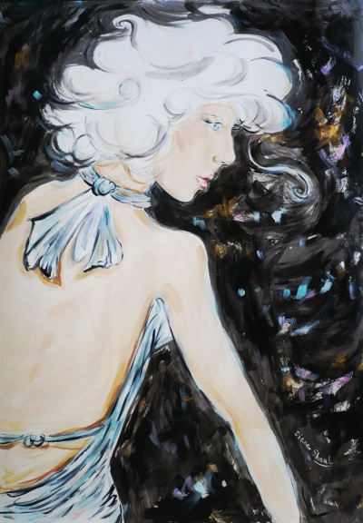 A dramatic painting of a platinum-haired beauty against a black background.