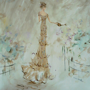 Painting of a woman in a gold floor-length gown watering her garden.