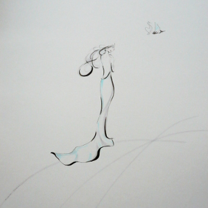 A stylised image of a woman in a long gown setting a bird free.