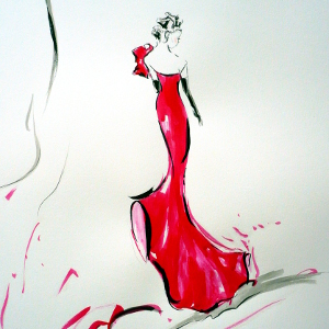 Stylised study of a woman in a bright pink gown and long black gloves.