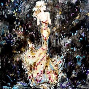 Painting of a woman walking down a tree-lined path, blossoms falling like confetti.