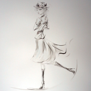 A young woman wearing a skirt suit, hat and knee-high boots looks out at you over her shoulder from this original painting.