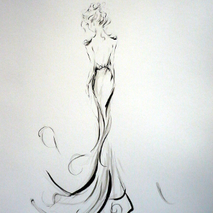 Monochrome study of a woman in a long gown with epaulettes.