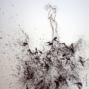 A woman looks down in a moment of reflection. Original painting created in black and white using a 'controlled chaos' technique.