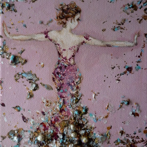 Highly embellished painting in shades of pink of a young woman viewed from the back wearing a sparkly floor-length gown.