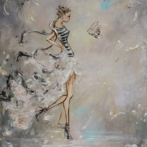 Original painting of a woman in strappy heels and a glamorous evening dress on a wet street, butterflies before her.