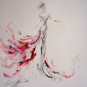 Painting in shades of red, black and white of a woman dancing.