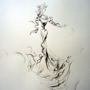 Monochrome semi-abstract drawing of a woman in a long gown.