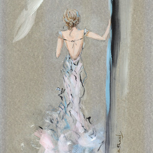 Original painting of a woman from the back, standing in a doorway, wearing a floor-length gown.