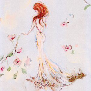Painting of a woman in a gold-coloured floor-length dress, pink rose vines either side of her.