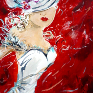 A young woman, hat obscuring her eyes, pouts, her red lips matching the backdrop against which she poses. Original painting.