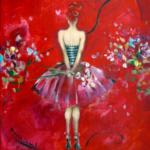 A young woman with bright hair that seems to blend into the red backdrop of this painting holds flowers behind her back.