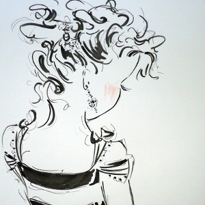 Ink and pencil profile drawing of a woman with her head dipped.