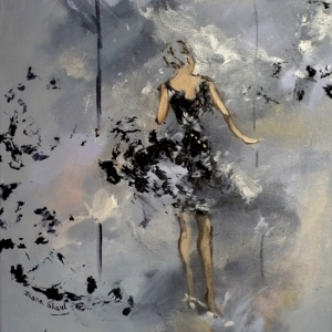 Original semi-abstract painting of a woman in a black cocktail dress answering the door.