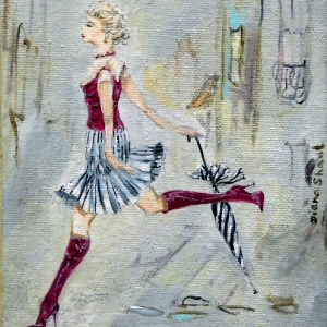 A young woman confidently navigates the glistening puddles on the street in this original painting.