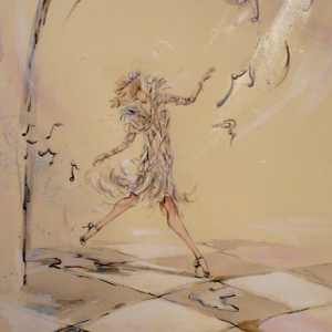 Surrounded musical notes, a flapper girl makes an entrance. Original painting.