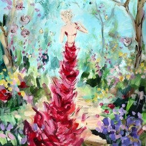 Original painting of a woman wearing a full-length red evening gown in a beautiful summer garden.