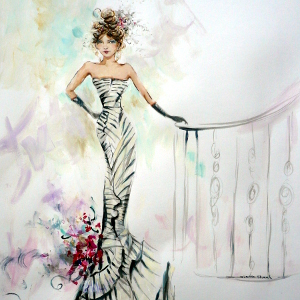 Original painting: a woman stands at the foot of a staircase, beautiful and defiant. 