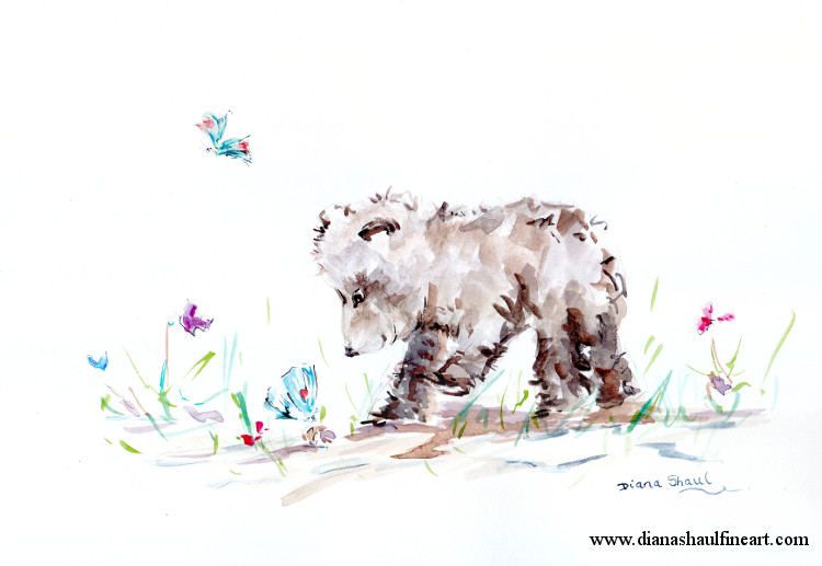 Original painting: a bear cub makes friends with a butterfly.