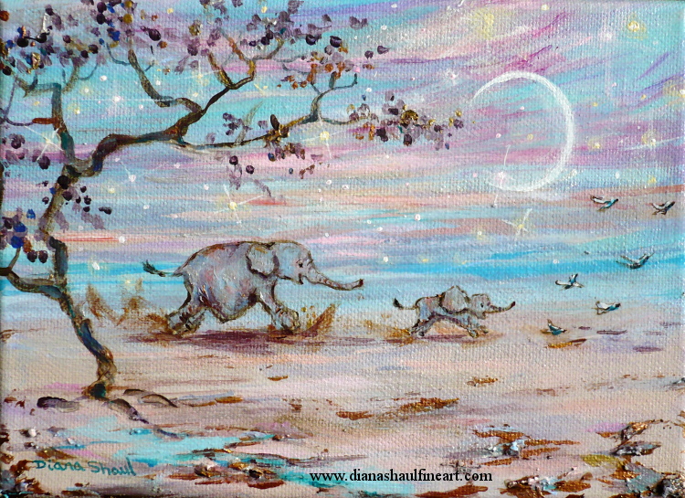 Baby elephant chases the birds. Mother elephant chases her baby. Original painting.