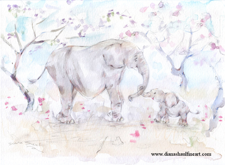 A baby elephant winds her trunk around her mother's in this original painting.