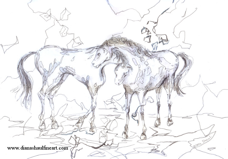 Original black and white drawing of two horses in a romantic pose.