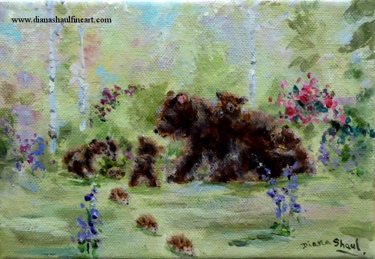 A mother bear looks concerned when her cubs show an interest in some passing hedgehogs. Original painting.