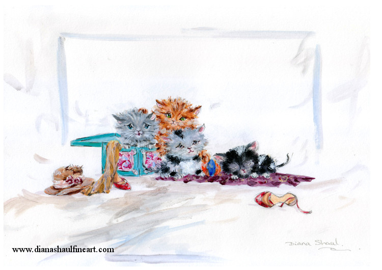 Adorable original painting of four fluffy little kittens with a pair of shoes and a hat.