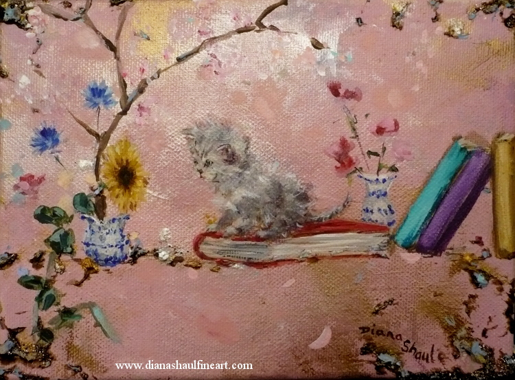 Original painting of a kitten wondering how to jump down from a shelf.