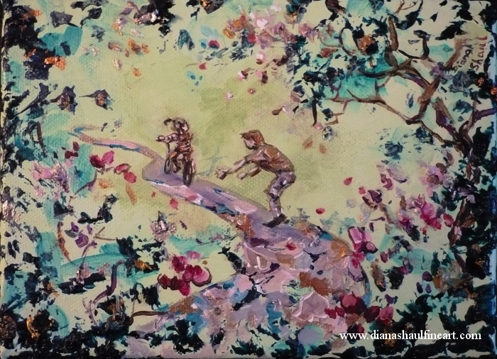 Surrounded by fantasy blossoms, a father teaches his daughter how to ride a bike in this mini acrylic painting on canvas.