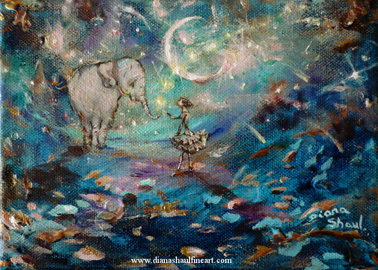 In a midnight-blue dreamscape, an elephant reaches out his trunk towards the hand of a young woman. Original painting.