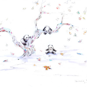 Original painting depicting three adorable panda cubs and an autumn tree.