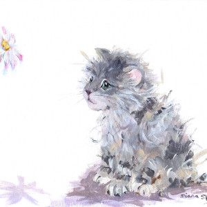 Original painting of a fluffy grey kitten looking intently at a daisy.