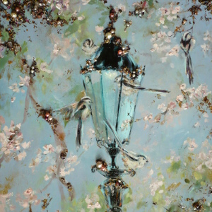 A family of birds (long-tailed tits) have made their home in a lamp post surrounded by blossoms in this original painting.
