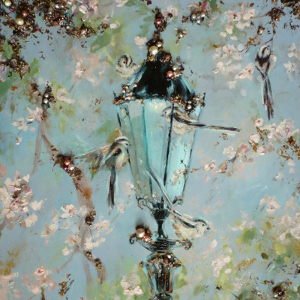 A family of birds (long-tailed tits) have made their home in a lamp post surrounded by blossoms in this original painting.