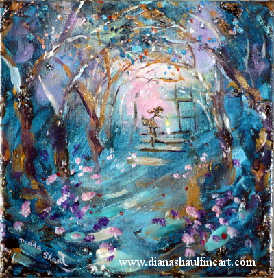 Under a canopy of trees, where a house once stood, a young woman lights a candle. Original painting.