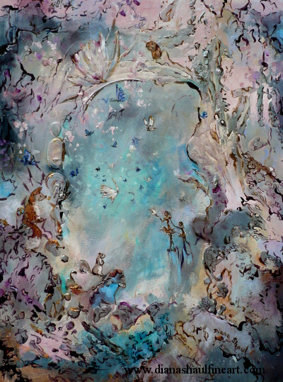 A whimsical original painting in which a mother and daughter stand beside an old tree and observe animals in wonder.