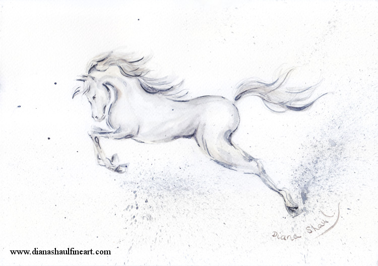 Original painting in black and white of a horse jumping, dust flying, in watercolour and graphite pencil paper.