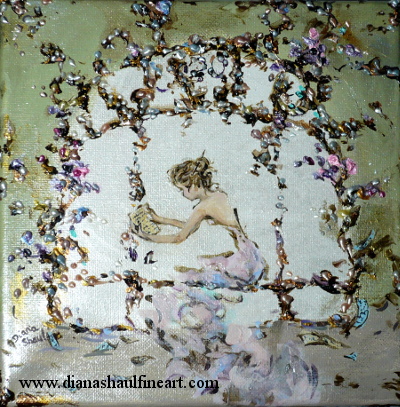 Original painting in pastel colours of a woman holding a manuscript page, other pages scattered around her.
